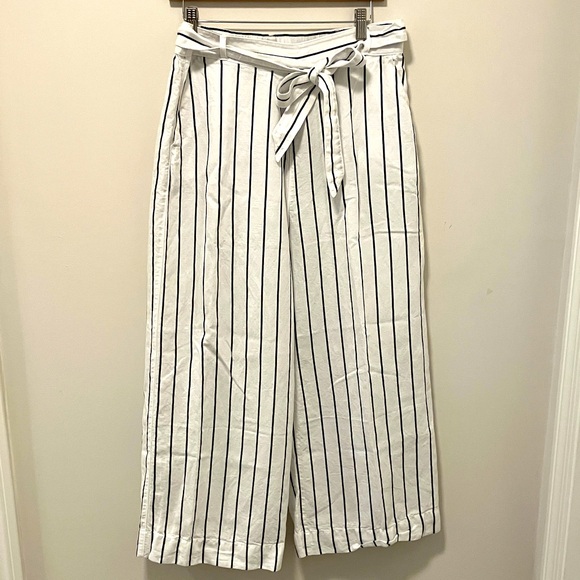 Linen blend white and navy striped wide leg pants - Picture 1 of 4